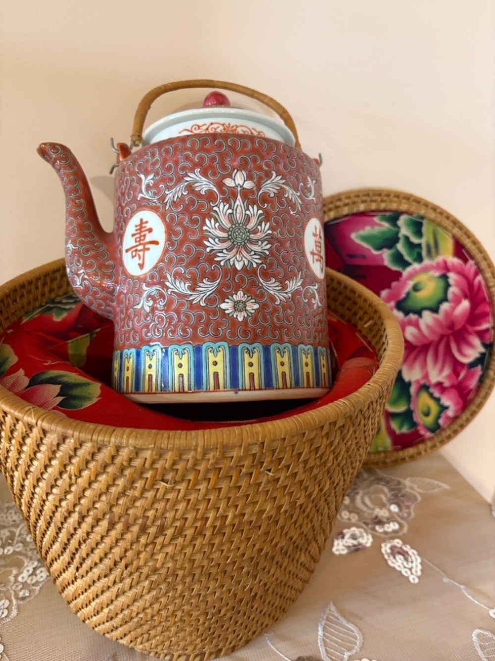 60s Chinese "Wanshou Wujiang" Famille Rose Teapot in Original Wicker Basket